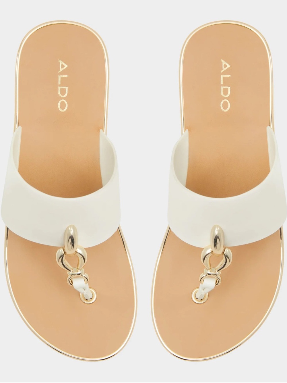 Aldo Ivory Leather Toe-Post Sandals with Gold Chain Detail